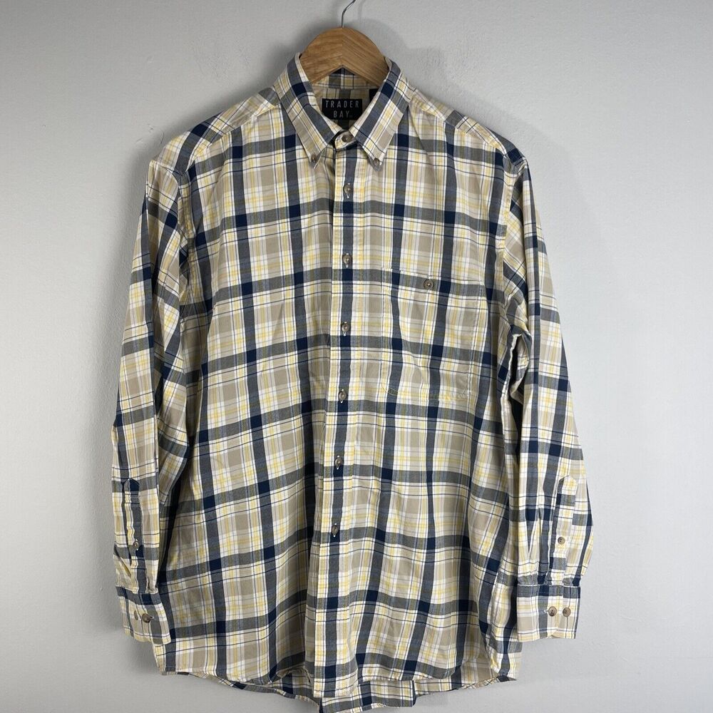 Trader Bay Mens M Button Down Shirt Long Sleeve Check Yellow Blue Chest Pocket